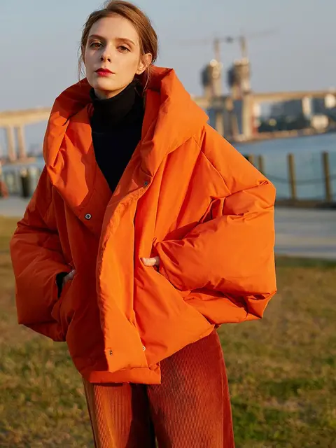 Women’s Oversized Down Parka – Hooded Duck Down Winter Coat with Bat Sleeves