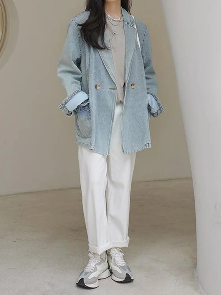 Women’s Denim Jacket – Long Sleeve, Double-Button Casual Autumn Coat