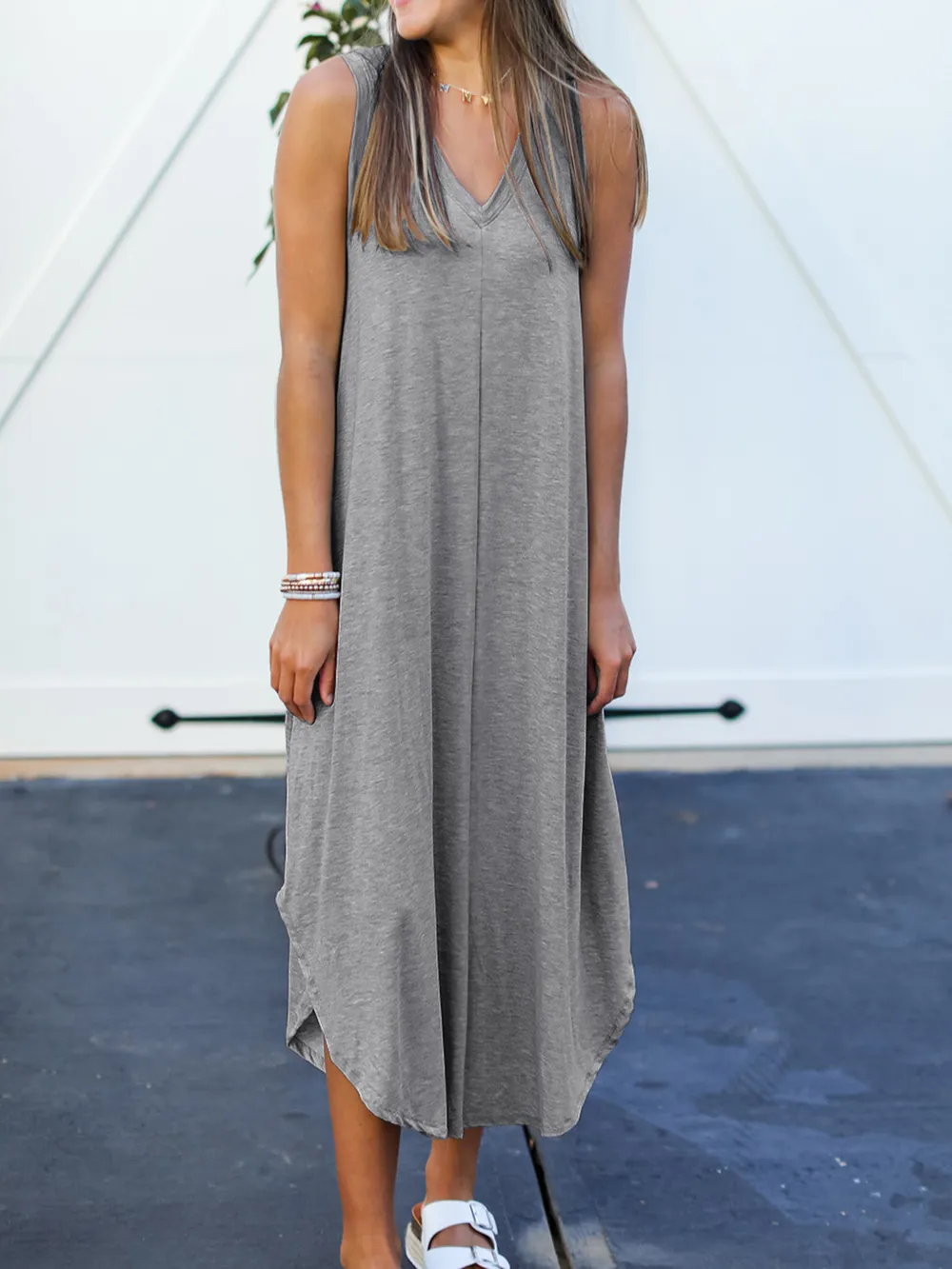 Women’s V-Neck Midi Tank Dress – Sleeveless Loose Fit