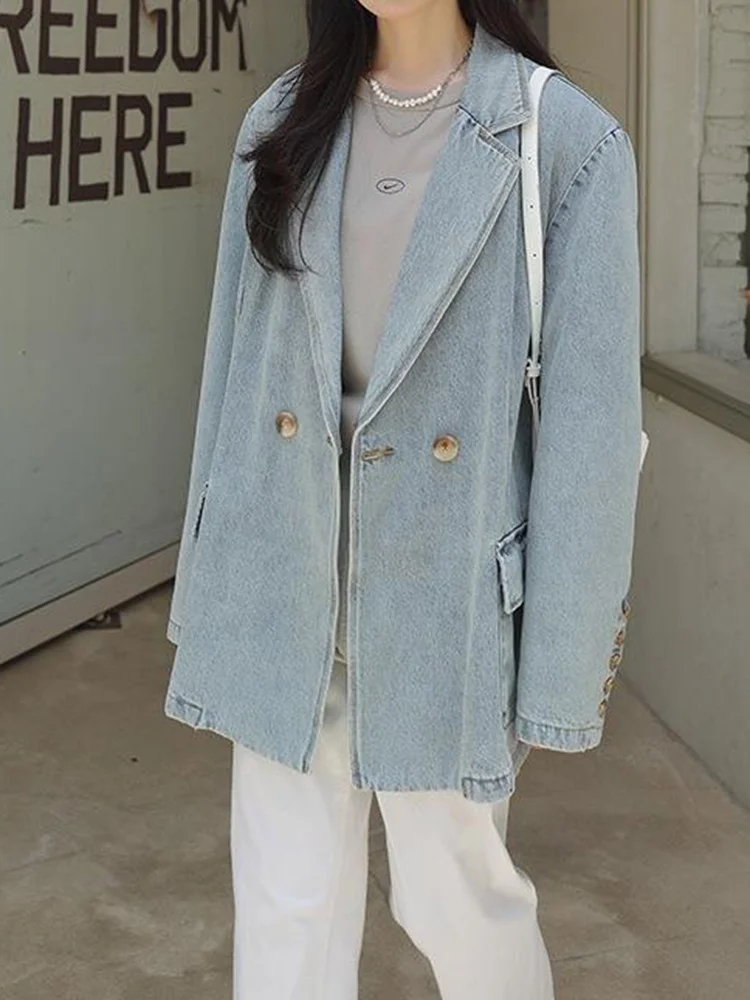 Women’s Denim Jacket – Long Sleeve, Double-Button Casual Autumn Coat