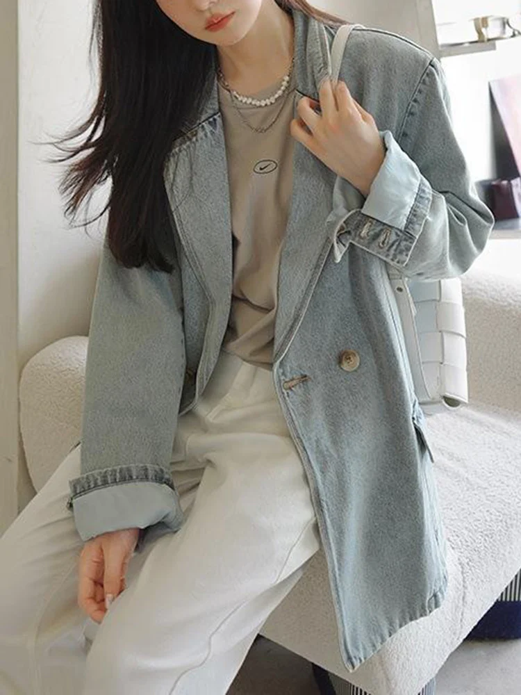 Women’s Denim Jacket – Long Sleeve, Double-Button Casual Autumn Coat