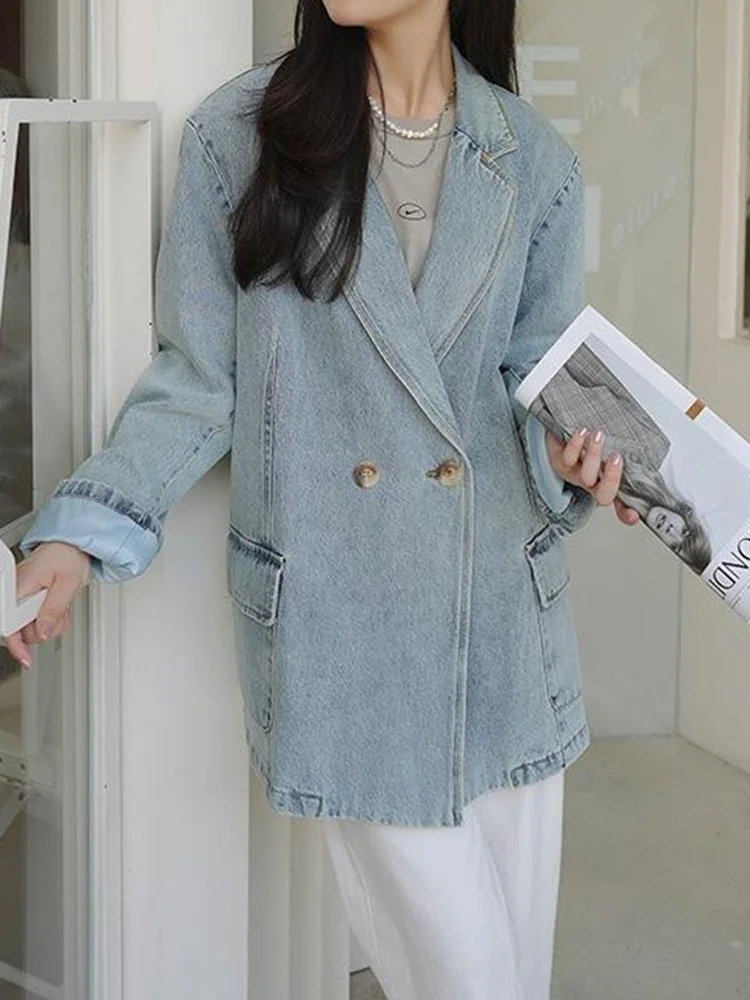 Women’s Denim Jacket – Long Sleeve, Double-Button Casual Autumn Coat
