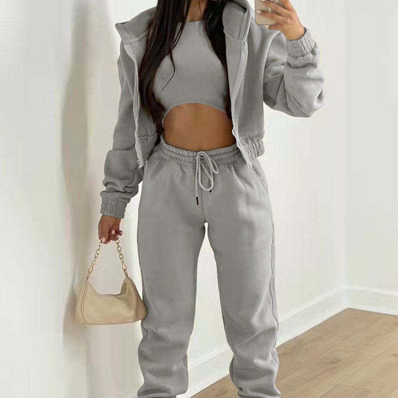 Women’s Three-Piece Sportswear Set – Hooded Jacket, Long Sleeve Top & Loose Pants