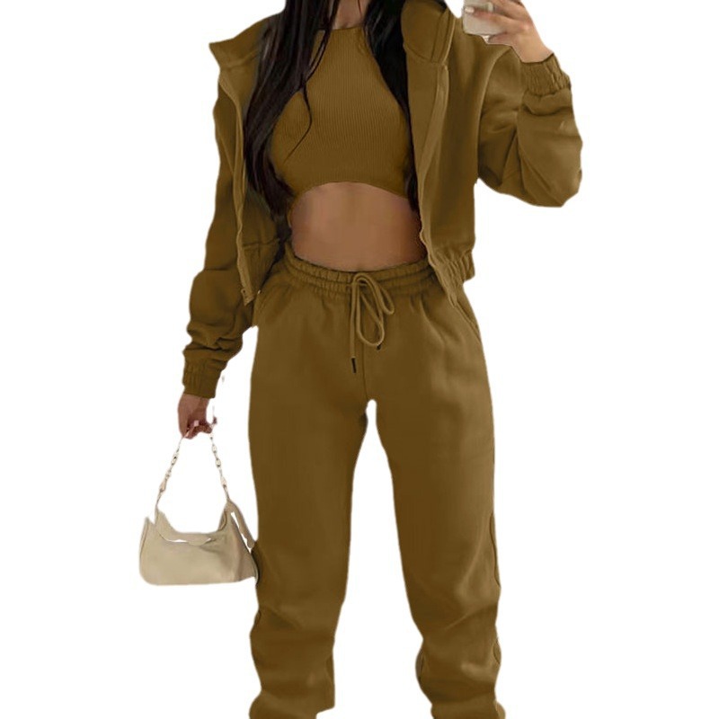 Women’s Three-Piece Sportswear Set – Hooded Jacket, Long Sleeve Top & Loose Pants