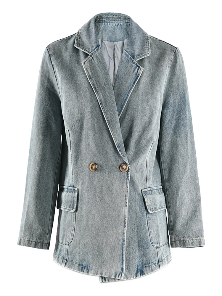 Women’s Denim Jacket – Long Sleeve, Double-Button Casual Autumn Coat
