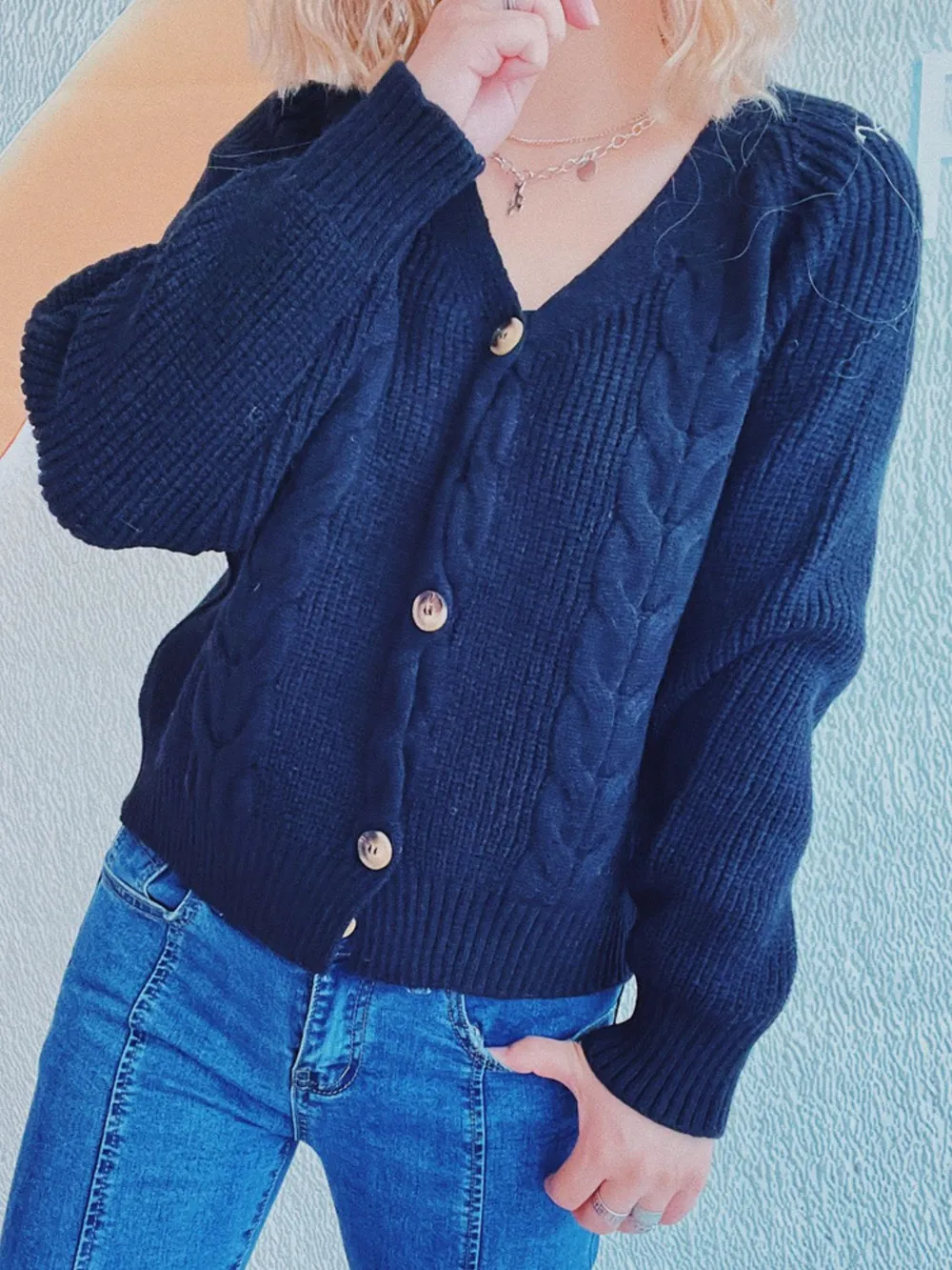Women’s V-Neck Cable Knit Sweater Cardigan – Cropped Button-Up Short Jacket