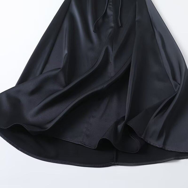 Women’s Elegant Satin Sleeveless Dress – Round Neck Slim Fit with Waist Cinching Lace-Up Detail