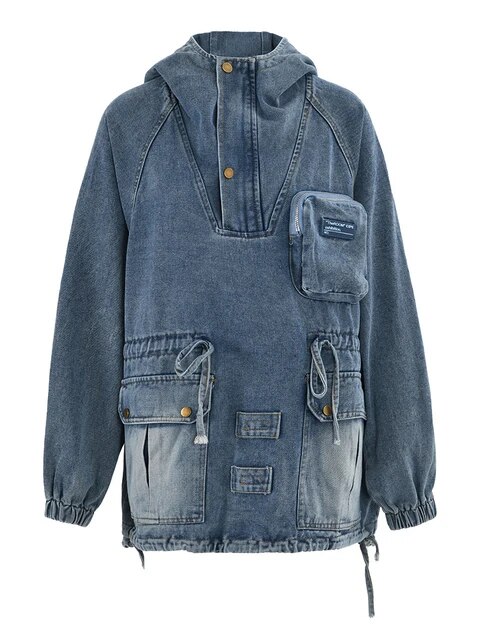 Women’s Patchwork Hooded Denim Jacket – Casual Loose Fit with Pockets and Drawstring
