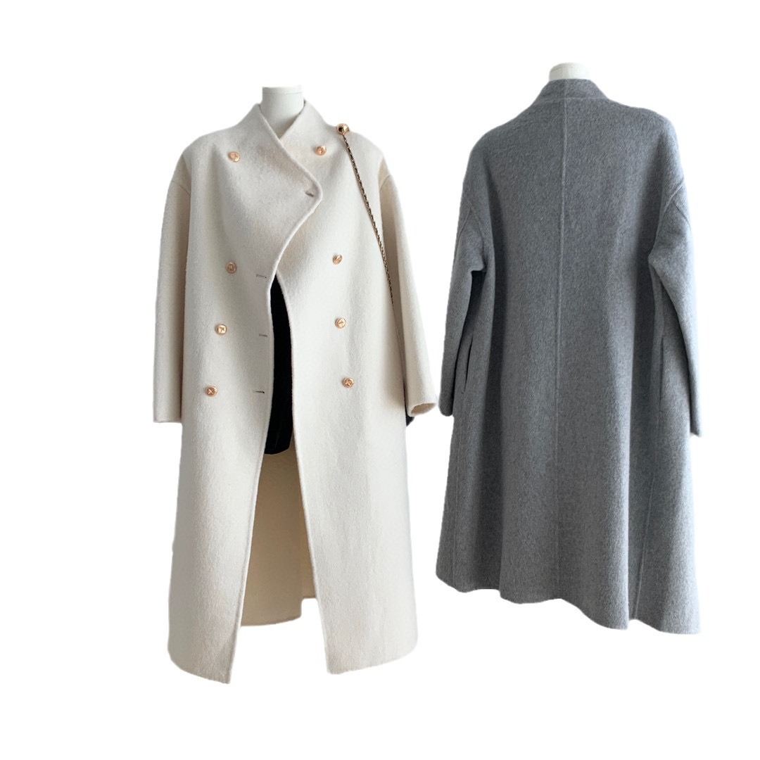 Women’s French Woolen Overcoat – Double-Breasted, Big Lapel, Autumn/Winter Minimalist Style