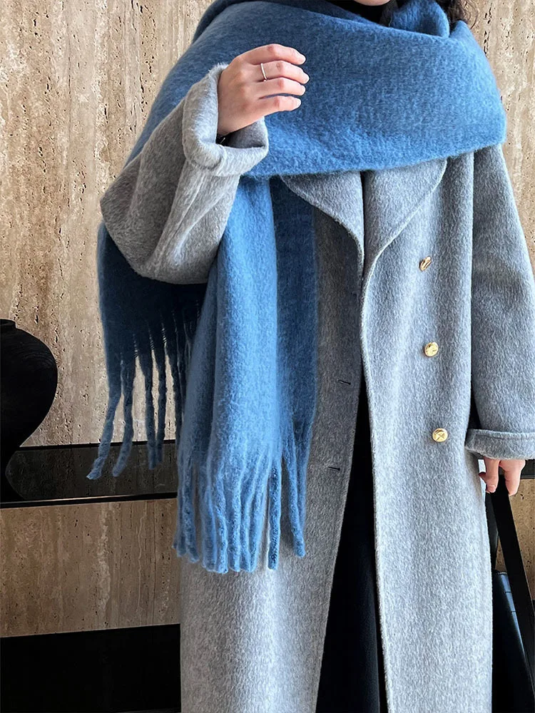 Women’s French Woolen Overcoat – Double-Breasted, Big Lapel, Autumn/Winter Minimalist Style