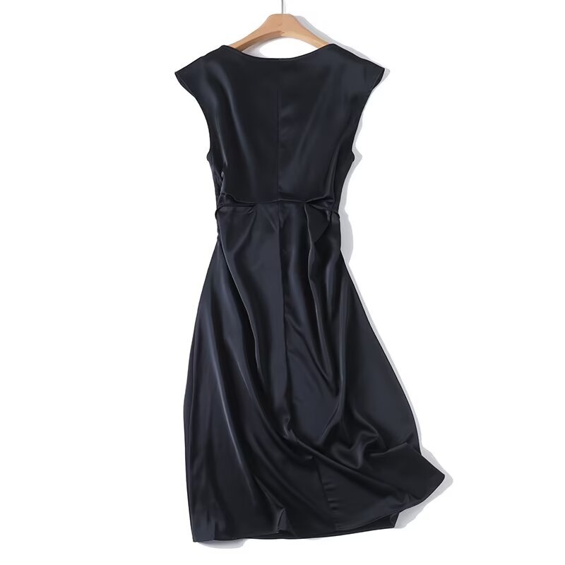 Women’s Elegant Satin Sleeveless Dress – Round Neck Slim Fit with Waist Cinching Lace-Up Detail