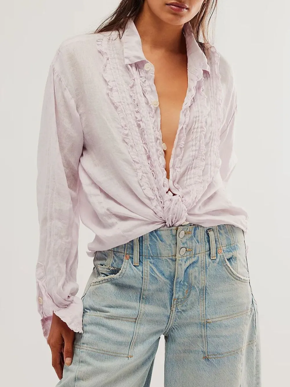 Women’s Frill Collared Ruched Shirt – Long Sleeve Cotton Button-Up Blouse