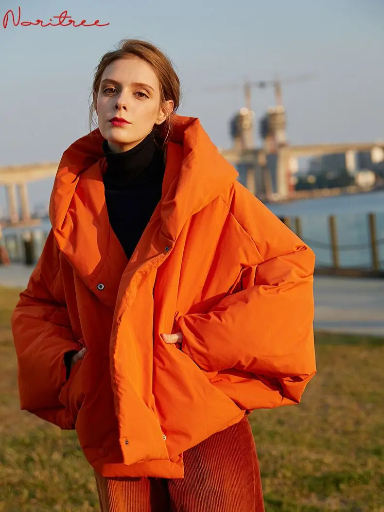 Women’s Oversized Down Parka – Hooded Duck Down Winter Coat with Bat Sleeves