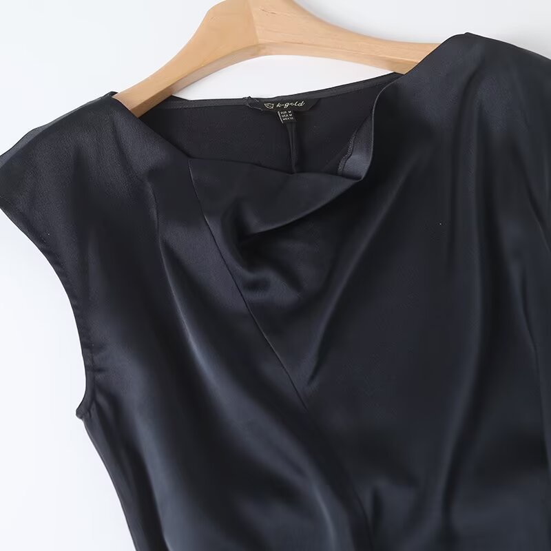 Women’s Elegant Satin Sleeveless Dress – Round Neck Slim Fit with Waist Cinching Lace-Up Detail