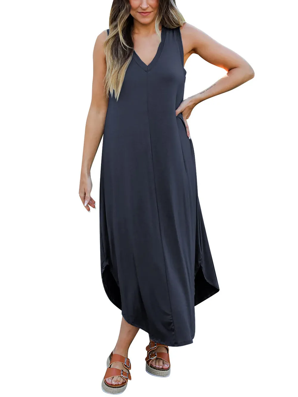 Women’s V-Neck Midi Tank Dress – Sleeveless Loose Fit