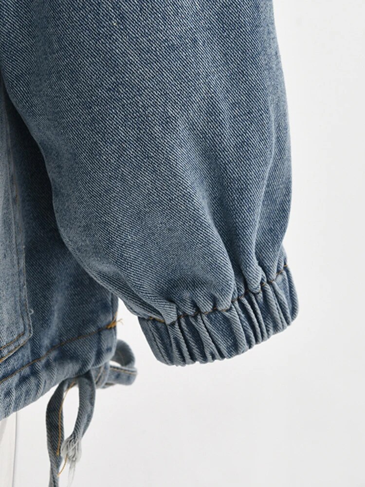 Women’s Patchwork Hooded Denim Jacket – Casual Loose Fit with Pockets and Drawstring