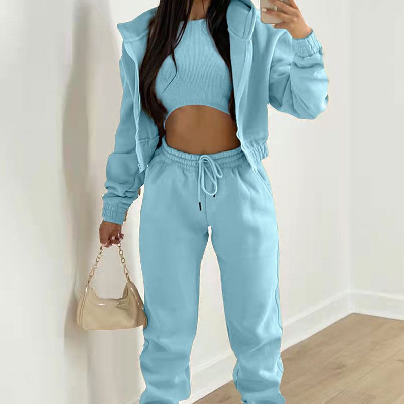 Women’s Three-Piece Sportswear Set – Hooded Jacket, Long Sleeve Top & Loose Pants