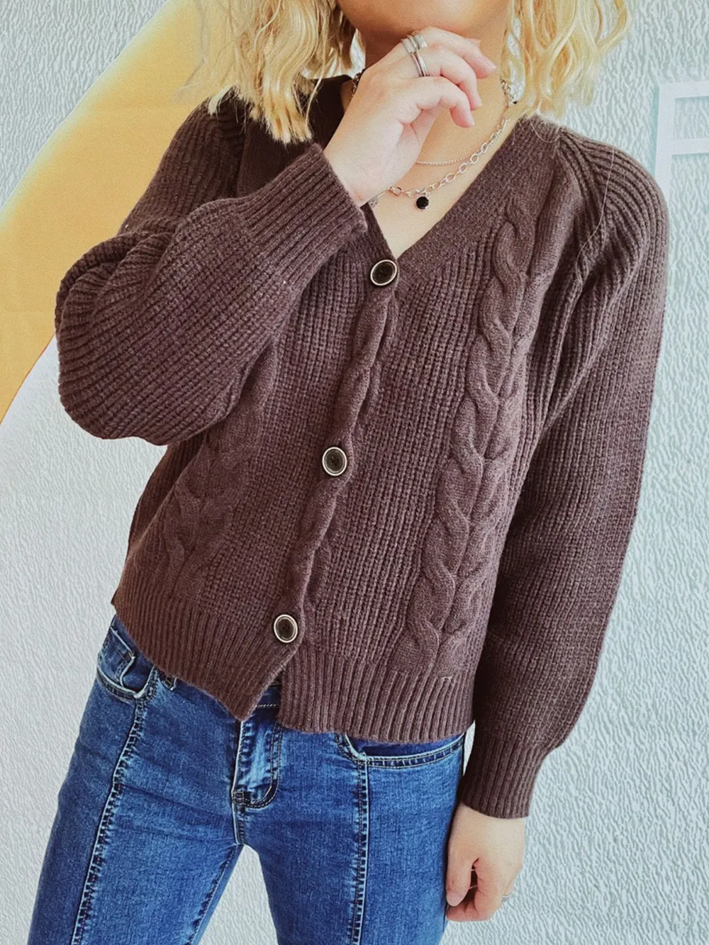 Women’s V-Neck Cable Knit Sweater Cardigan – Cropped Button-Up Short Jacket