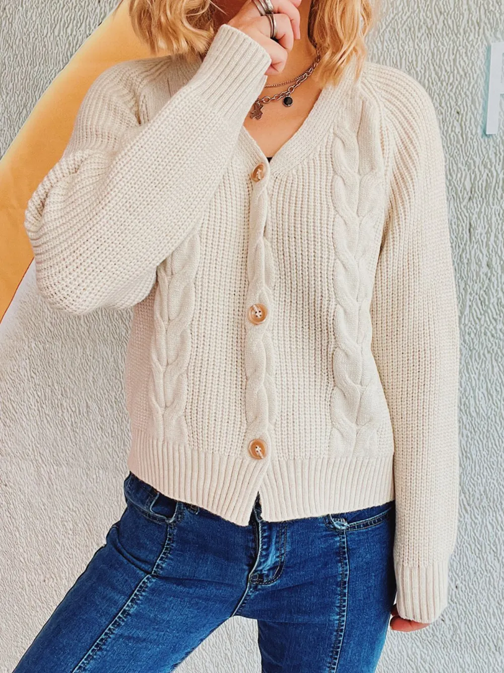 Women’s V-Neck Cable Knit Sweater Cardigan – Cropped Button-Up Short Jacket