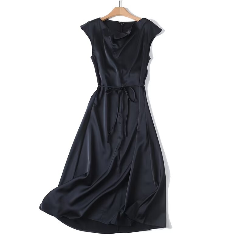 Women’s Elegant Satin Sleeveless Dress – Round Neck Slim Fit with Waist Cinching Lace-Up Detail