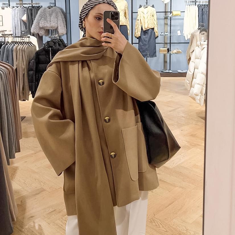 Women’s Mid-Length Trench Coat – Loose Fit Khaki with Scarf Collar