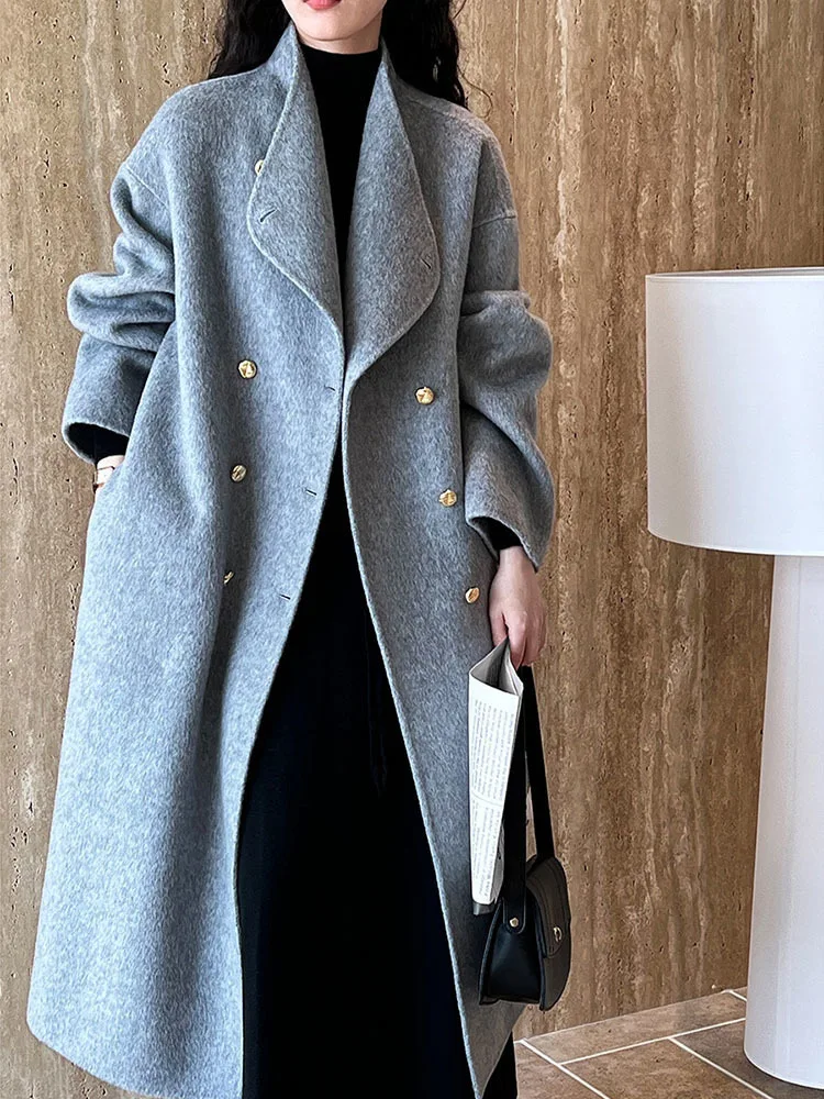 Women’s French Woolen Overcoat – Double-Breasted, Big Lapel, Autumn/Winter Minimalist Style