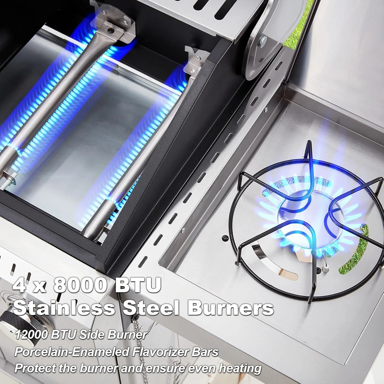 Upgraded 4 Burner BBQ Propane Gas Grill with Cast Iron Grates & Side Stove, 44,000 BTU Stainless Steel Burner Barbecue Grill for Patio, Camping, Outdoor Cooking MELLCOM