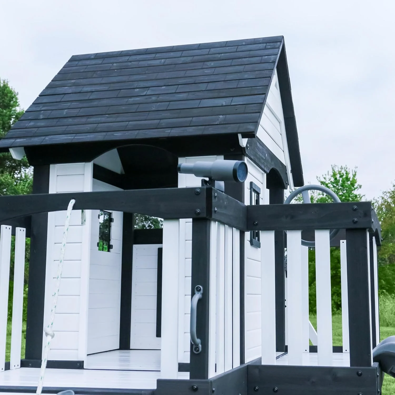 Backyard Discovery Canyon Creek Cedar Wood Swing Set with Wave Slide, Clubhouse, Play Kitchen, Picnic Area, Belt Swings, Web Swing, Rock Wall, Balconies, Playhouse, Step Ladder, Outdoor Playset