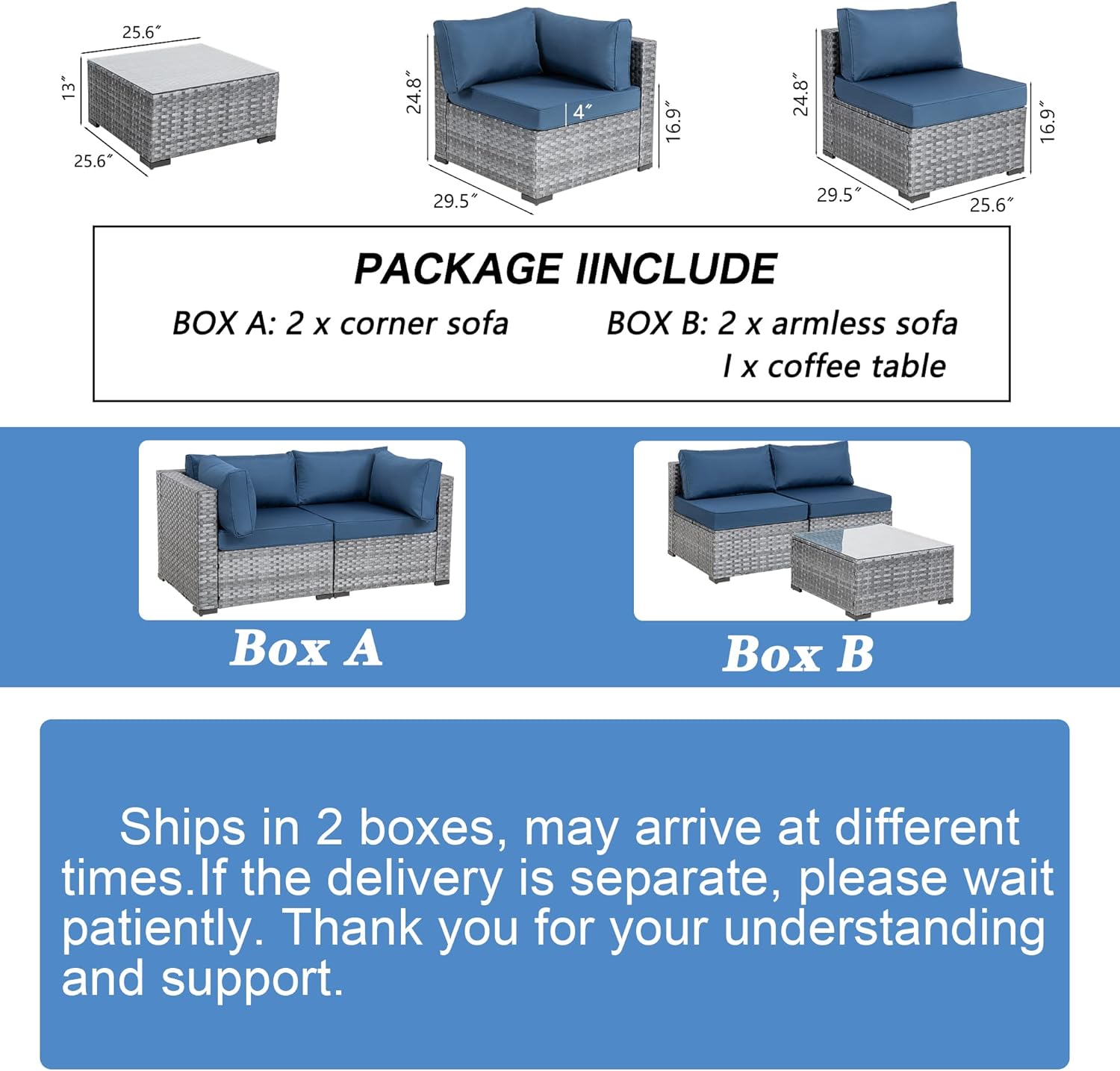 Shintenchi 5 Pieces Outdoor Patio Sectional Sofa Couch, Silver Gray PE Wicker Furniture Conversation Sets with Washable Cushions & Glass Coffee Table for Garden, Poolside, Backyard (Aegean Blue)