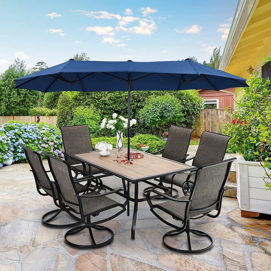8 Pieces Patio Dining Set with Umbrella,Outdoor Furniture Set with 6 Sling Dining Swivel Chairs