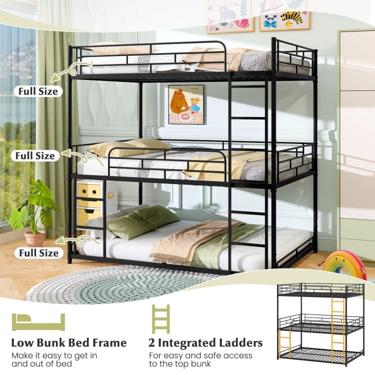 Metal Triple Bunk Bed with Safety Guardrails and 2 Ladders