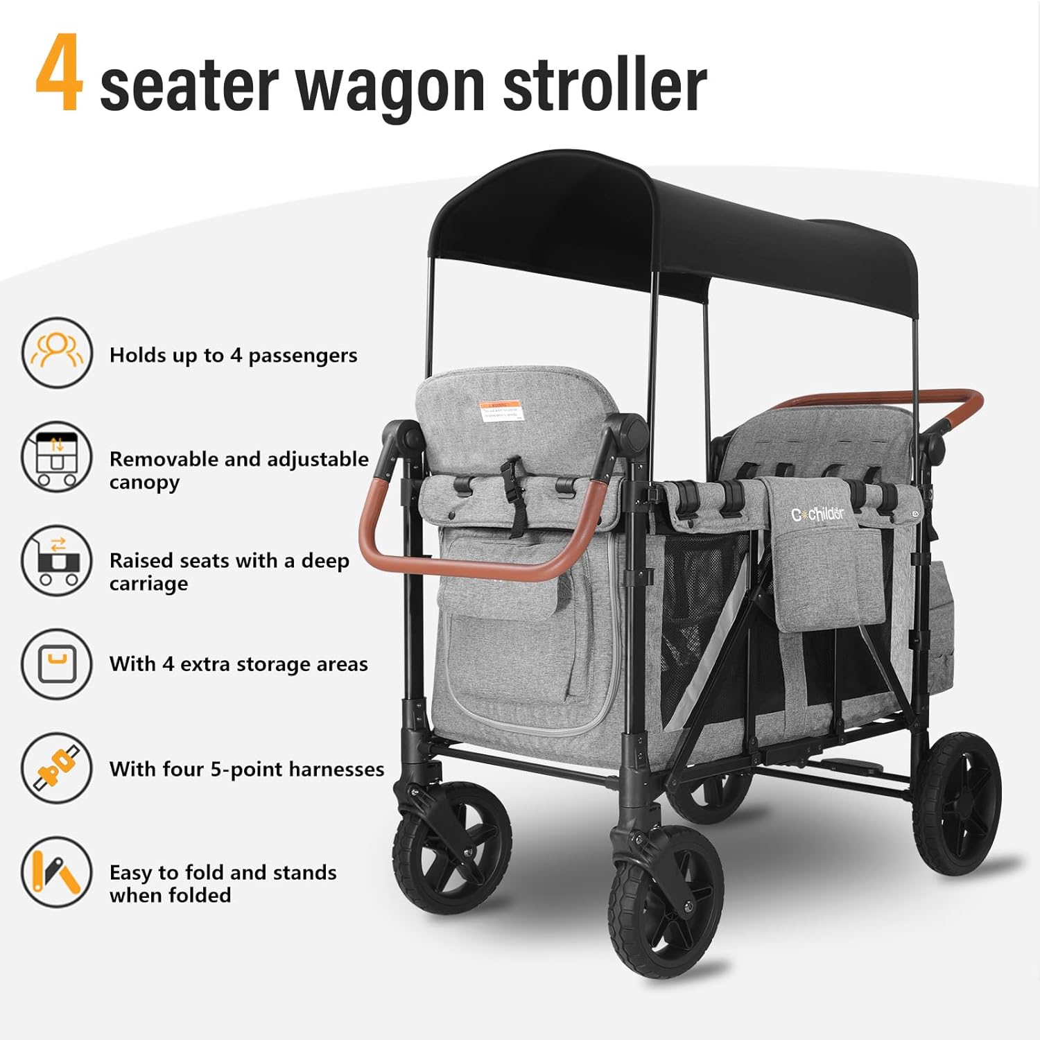 All-Terrain 4 Seater Wagon Stroller for Kids - Heavy-Duty 300lb Capacity, One-Hand Fold Design, High Seats with 5-Point Harness, Adjustable Canopy and Handlebars, Light Grey