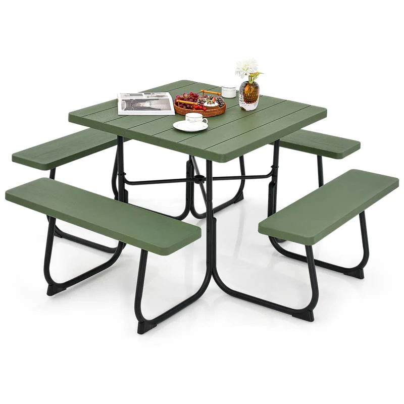 8 Person HDPE Outside Table & Bench Set, Outdoor Square Picnic Table with 4 Built-in Benches, Umbrella Hole, Metal Frame