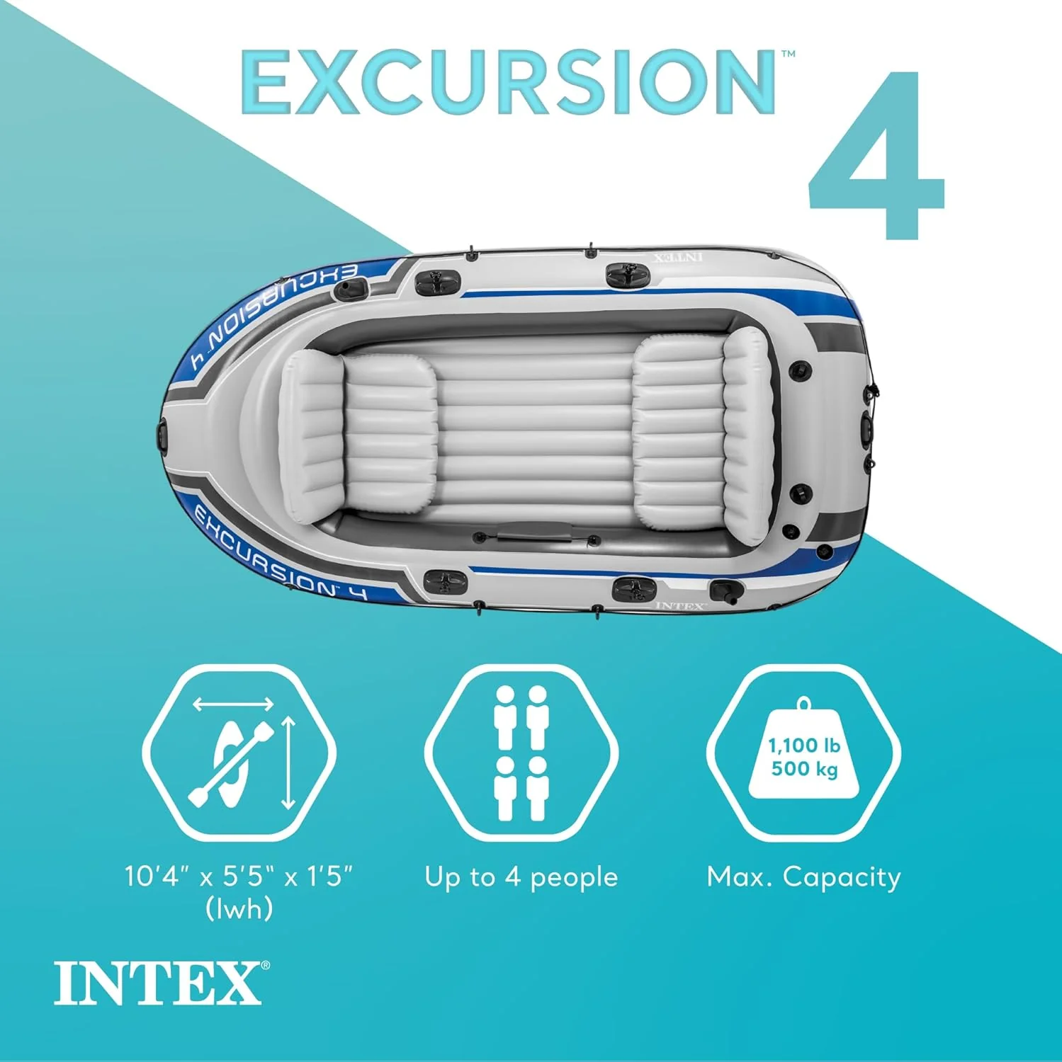 INTEX Excursion Inflatable Boat Series: Includes Deluxe 54in Boat Oars and High-Output Pump �C SuperTough PVC �C Adjustable Seats with Backrest �C Fishing Rod Holders �C Welded Oar Locks
