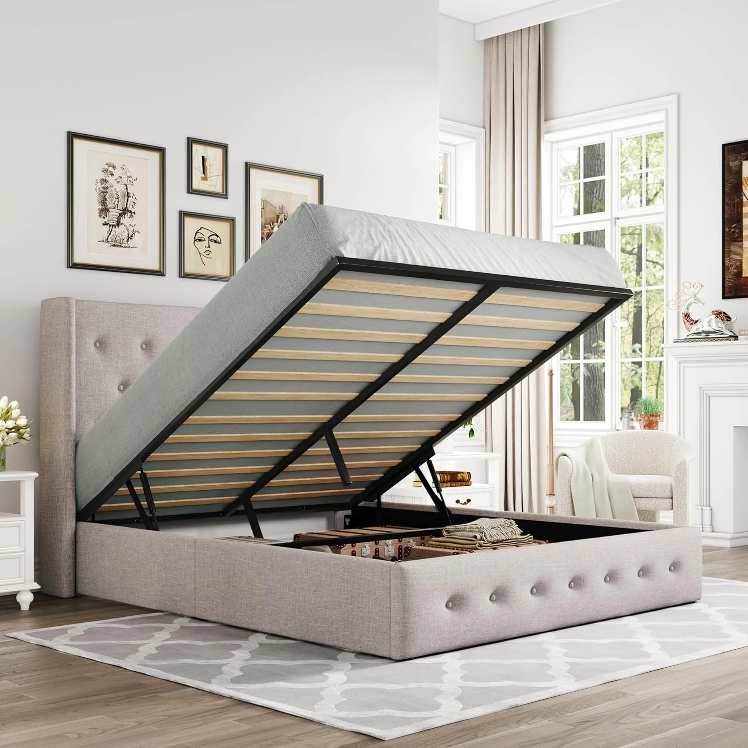 Allewie Queen Size Lift Up Storage Bed, Modern Wingback Headboard, Hydraulic Support, No Box Spring Needed, Light Beige