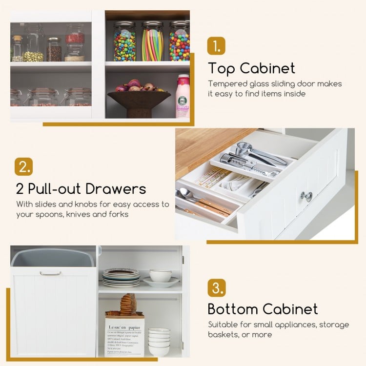 68 Inch Double Tilt Out Trash Cabinet with Hutch and Rubber Wood Countertop