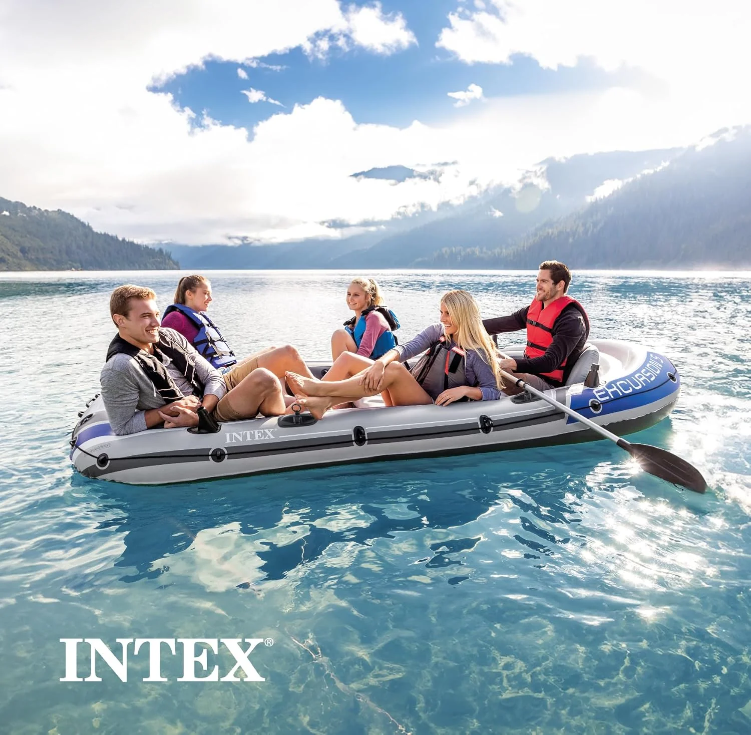 INTEX Excursion Inflatable Boat Series: Includes Deluxe 54in Boat Oars and High-Output Pump �C SuperTough PVC �C Adjustable Seats with Backrest �C Fishing Rod Holders �C Welded Oar Locks