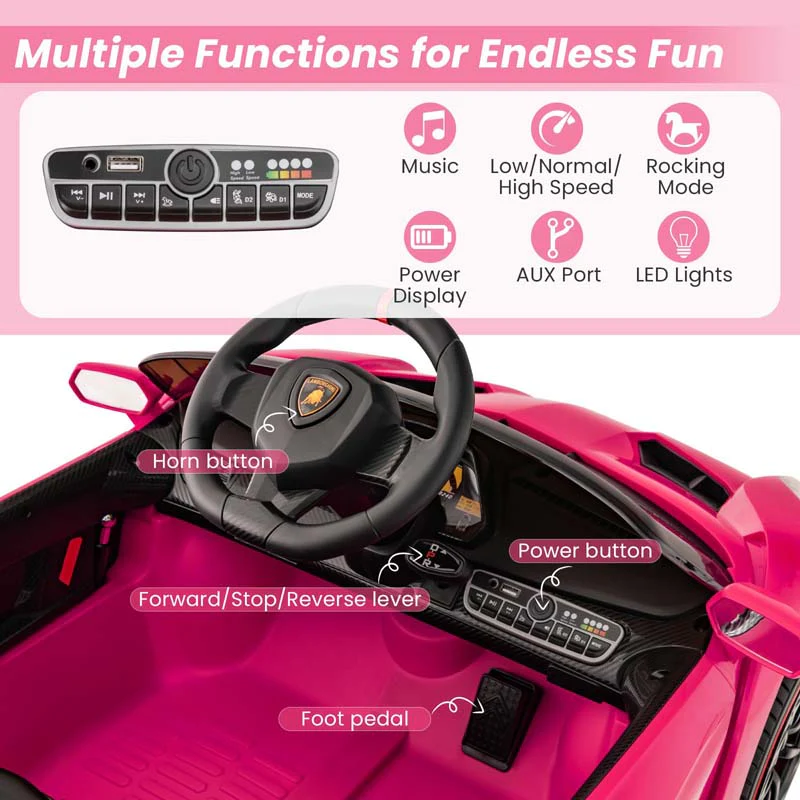 Lamborghini Licensed Kids Ride On 4WD Sports Car, 12V Battery Electric Vehicle Toy with Remote Control, 3 Speeds, Hydraulic Doors