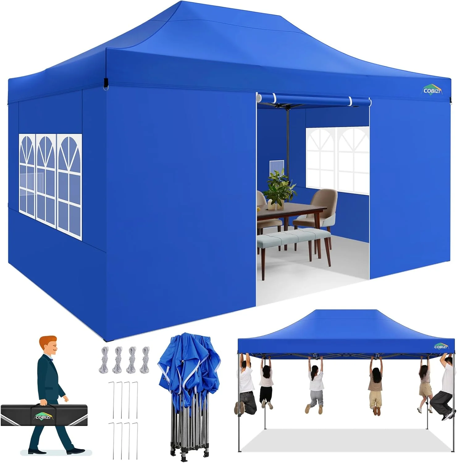 COBIZI 10x20 Heavy Duty Pop up Canopy Tent with 6 sidewalls Easy Up Commercial Outdoor Canopy Wedding Party Tents for Parties All Season Wind & Waterproof Gazebo with Roller Bag,Black(Frame Thickened)