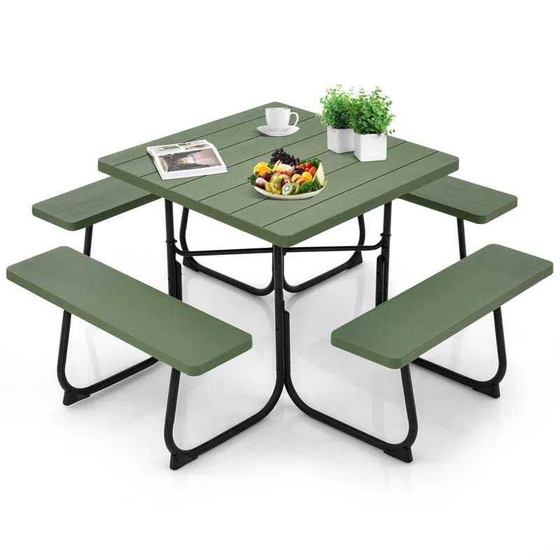 8 Person HDPE Outside Table & Bench Set, Outdoor Square Picnic Table with 4 Built-in Benches, Umbrella Hole, Metal Frame