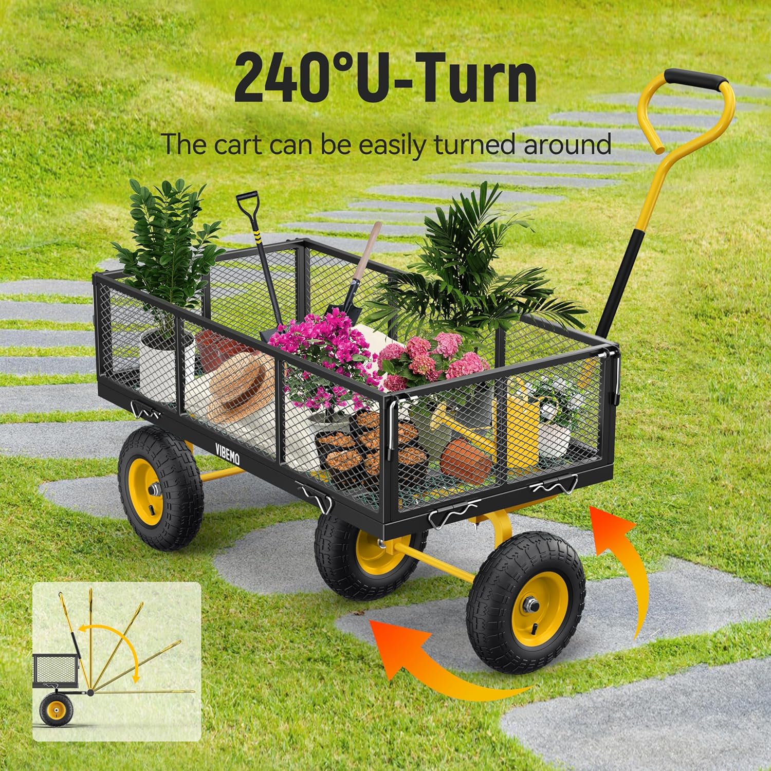 Steel Garden Cart, 2-in-1 1400 lbs Heavy Duty Utility Wagon, with Removable Mesh Sides to Convert into Flatbed, 240?? U-Turn 13