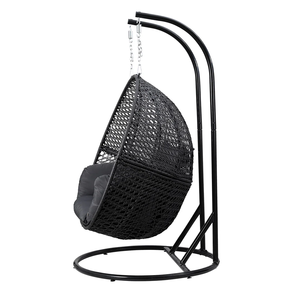 Gardeon Outdoor Egg Swing Chair Wicker Furniture Pod Stand Cushion 2 Seater Grey