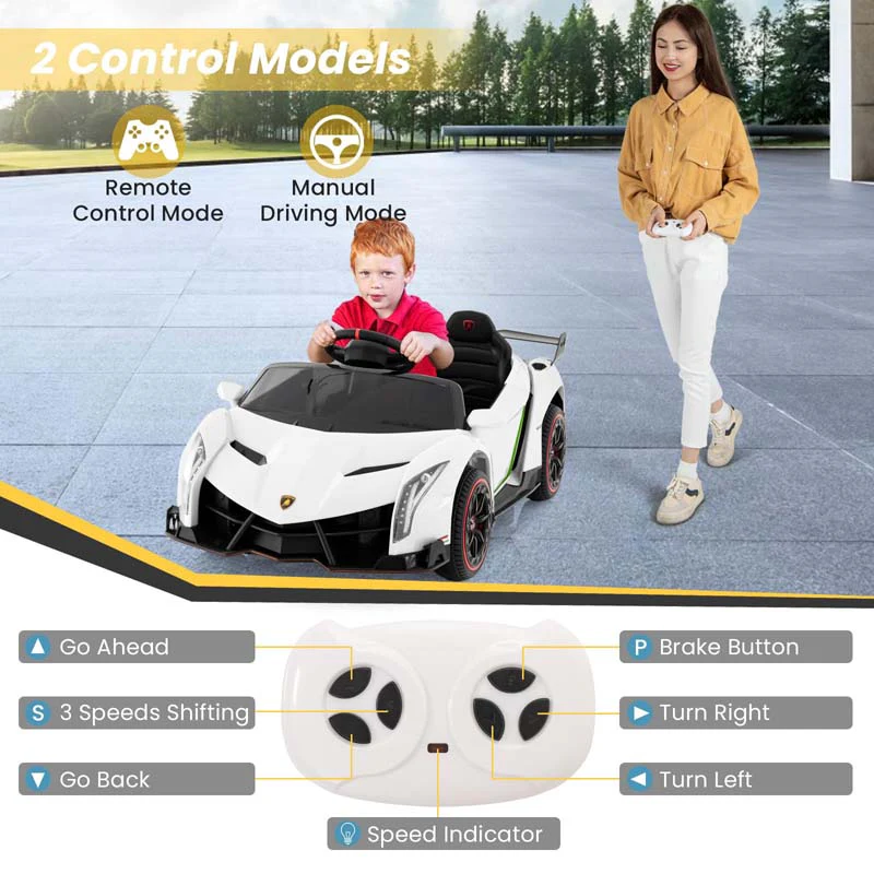 Lamborghini Licensed Kids Ride On 4WD Sports Car, 12V Battery Electric Vehicle Toy with Remote Control, 3 Speeds, Hydraulic Doors