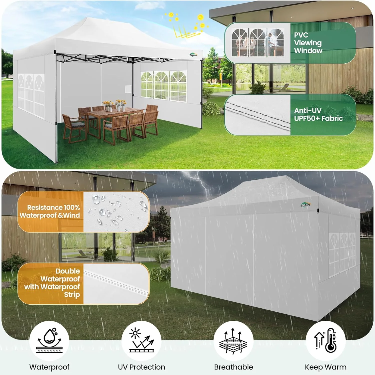 COBIZI 10x20 Heavy Duty Pop up Canopy Tent with 6 sidewalls Easy Up Commercial Outdoor Canopy Wedding Party Tents for Parties All Season Wind & Waterproof Gazebo with Roller Bag,Black(Frame Thickened)