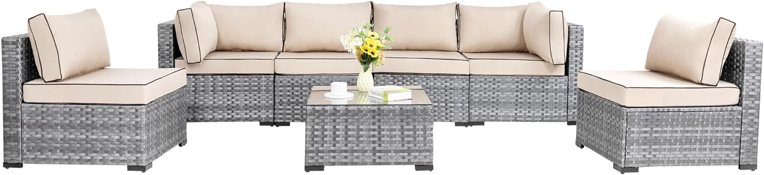 Shintenchi 5 Pieces Outdoor Patio Sectional Sofa Couch, Silver Gray PE Wicker Furniture Conversation Sets with Washable Cushions & Glass Coffee Table for Garden, Poolside, Backyard (Aegean Blue)