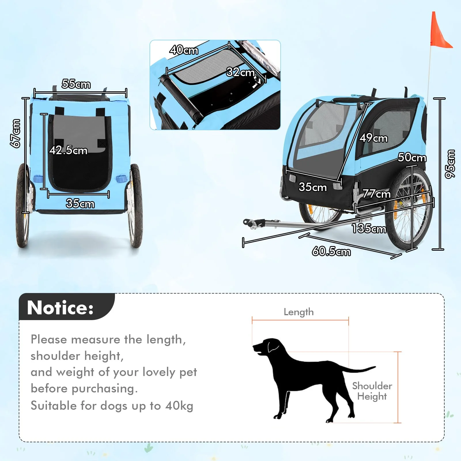 Pet Bike Trailer Holds 40kg Bicycle Trailer for Small & Medium-Sized Dogs