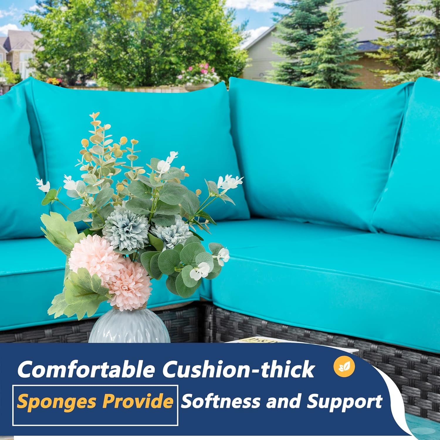 Shintenchi 5 Pieces Outdoor Patio Sectional Sofa Couch, Silver Gray PE Wicker Furniture Conversation Sets with Washable Cushions & Glass Coffee Table for Garden, Poolside, Backyard (Aegean Blue)