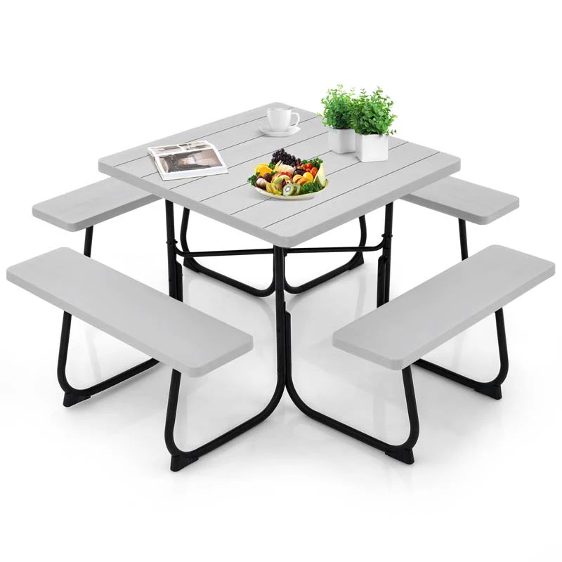 8 Person HDPE Outside Table & Bench Set, Outdoor Square Picnic Table with 4 Built-in Benches, Umbrella Hole, Metal Frame