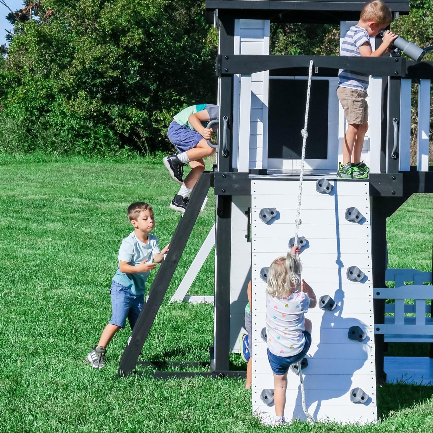 Backyard Discovery Canyon Creek Cedar Wood Swing Set with Wave Slide, Clubhouse, Play Kitchen, Picnic Area, Belt Swings, Web Swing, Rock Wall, Balconies, Playhouse, Step Ladder, Outdoor Playset