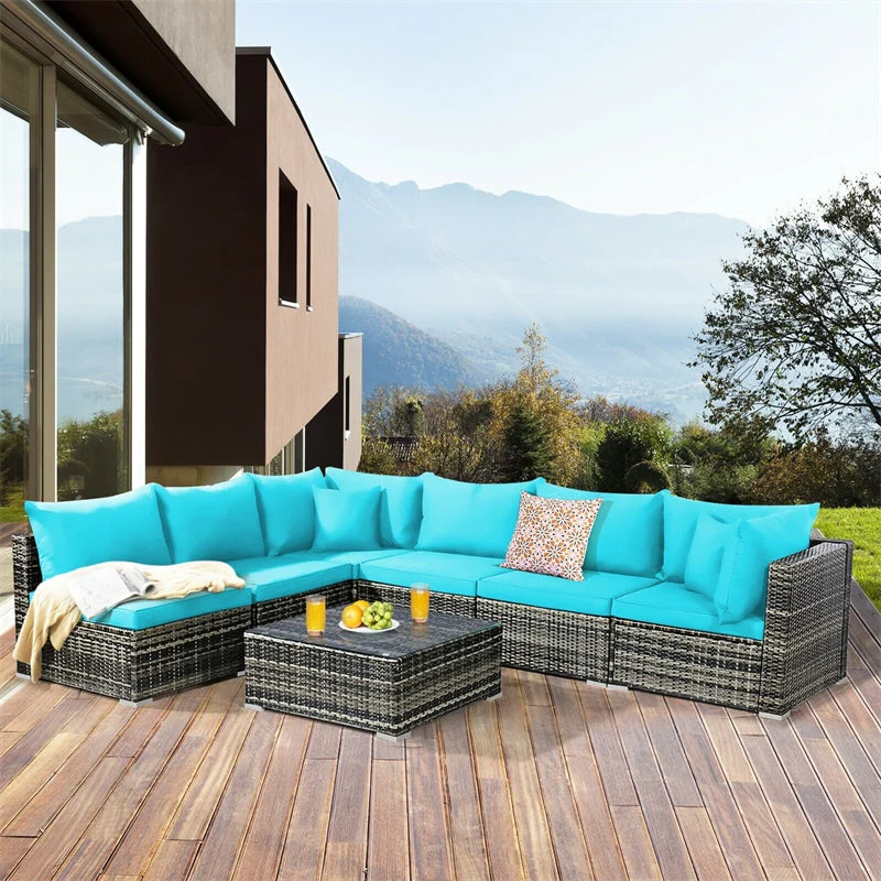 7 Pcs Rattan Patio Sectional Couch Set Outdoor Wicker Furniture Set with Cushions & Coffee Table